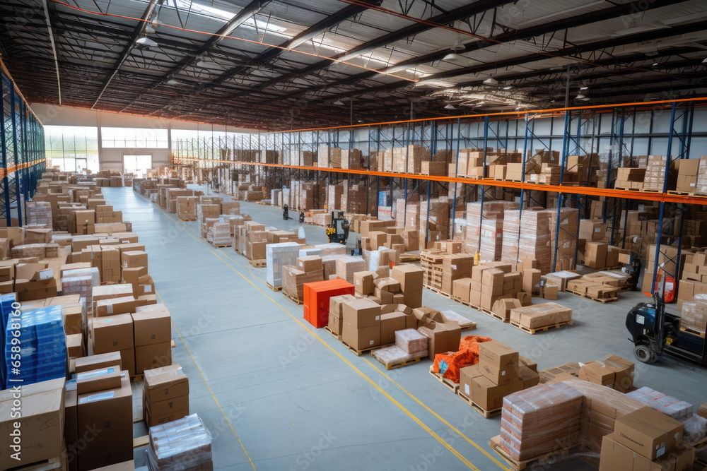 Warehouse with boxes. Large warehouse for parcels, boxes