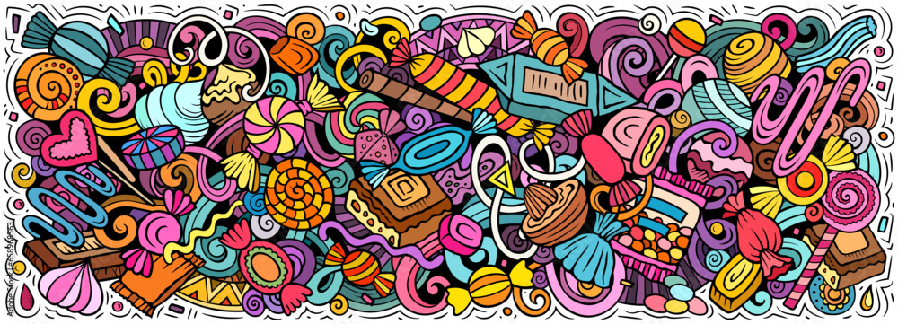 Fototapeta premium Candies doodle cartoon funny banner