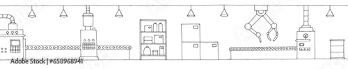 Factory interior graphic black white sketch long illustration vector 