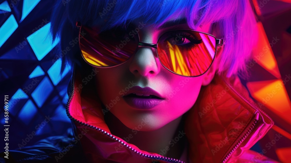 Obraz premium A woman with blue hair and neon glasses