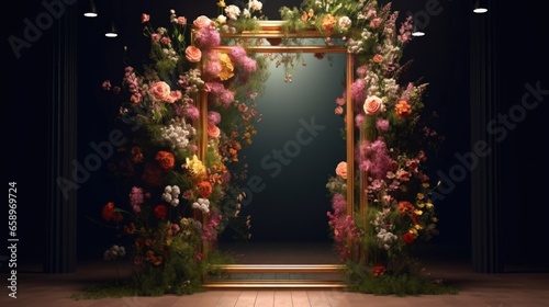 A picture frame with flowers and greenery in it