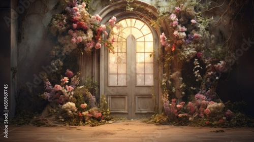 A doorway with a bunch of flowers on it