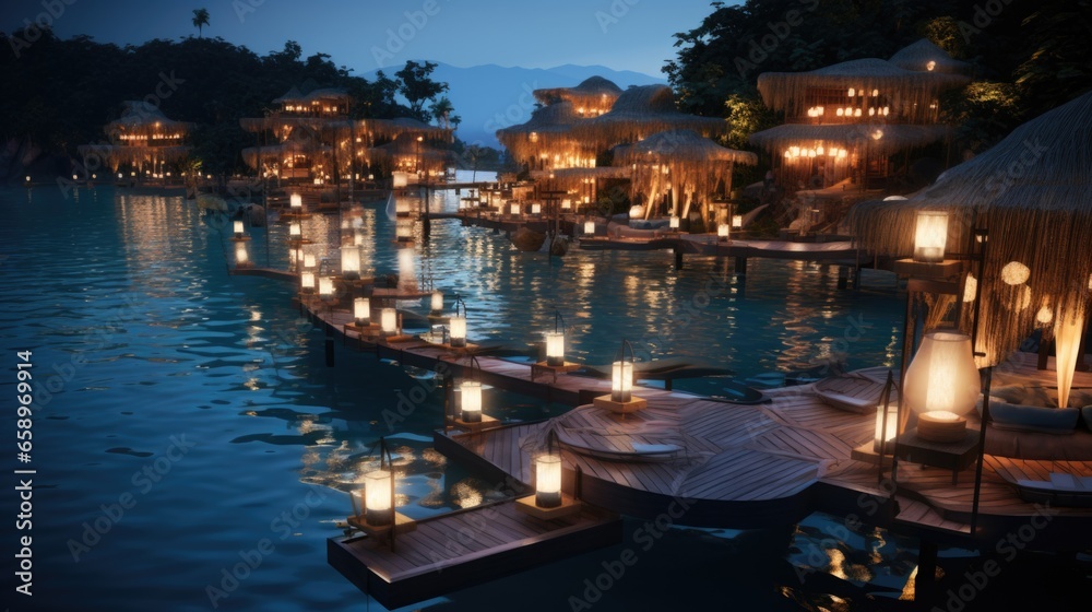 A dock with lit candles on it next to a body of water - obrazy, fototapety, plakaty 