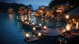 A dock with lit candles on it next to a body of water