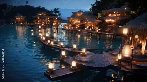 Fotografia A dock with lit candles on it next to a body of water