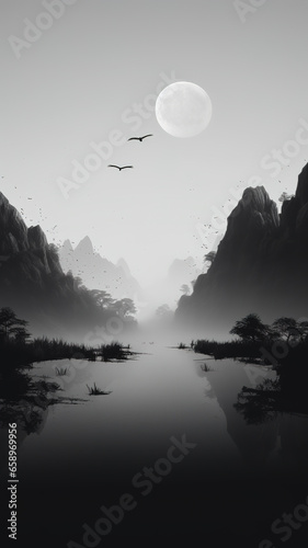  AI Black and white landscape art painting