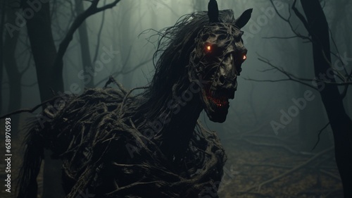 An undead twisted evil horse dark forest AI Generated pictures