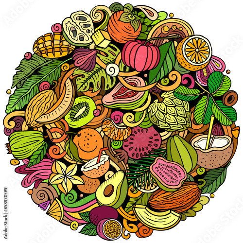Exotic Fruits cartoon vector doodles illustration