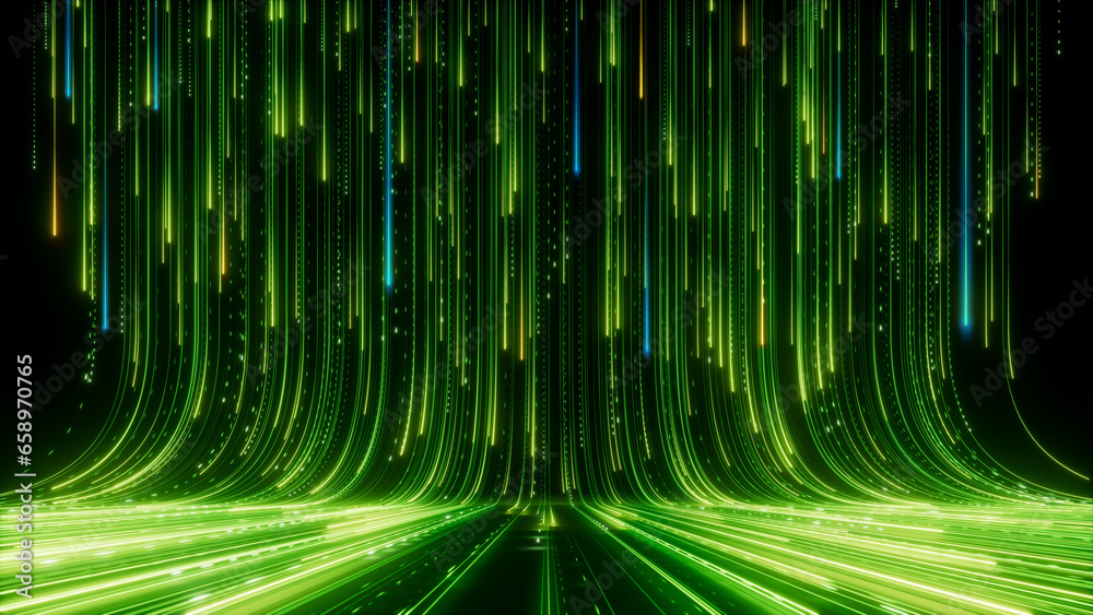 3d render. Abstract background of green neon lines sliding down. Modern digital wallpaper. Streaming glowing particles - obrazy, fototapety, plakaty 