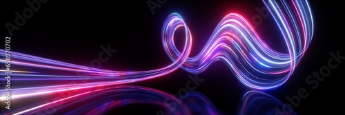 3d render. Abstract neon background. Fluorescent ines glowing in the dark room with floor reflection. Virtual dynamic curvy ribbon. Fantastic panoramic wallpaper. Digital data transfer. Energy concept