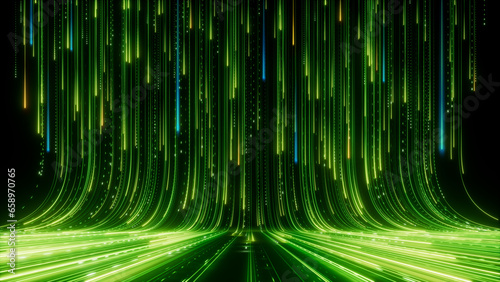 3d render. Abstract background of green neon lines sliding down. Modern digital wallpaper. Streaming glowing particles photo