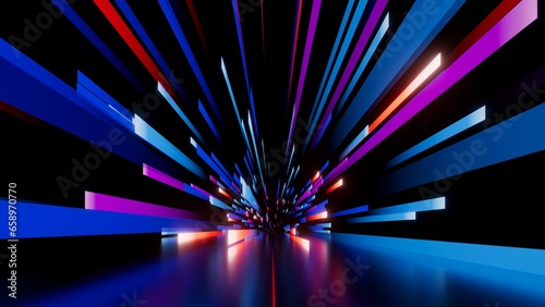 3d render. Abstract background of blue punk neon stripes and ribbons perspective view. Modern firework wallpaper