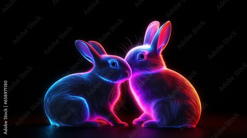 Rabbit mother caressing its calf neon glowing picture Ai generated art
