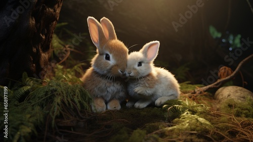Rabbit mother caressing its calf pets animal picture Ai generated art