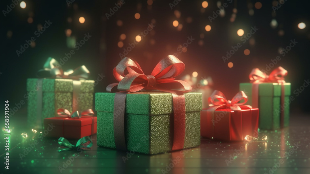 Beautiful boxes with New Year's gifts on a bright background with light reflections Beautiful boxes with New Year's gifts on a bright background with light reflections