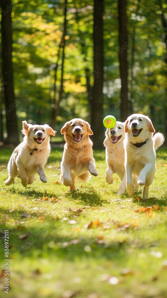 Dogs happily frolicking and playing on the park grass Dogs happily frolicking and playing on the park grass