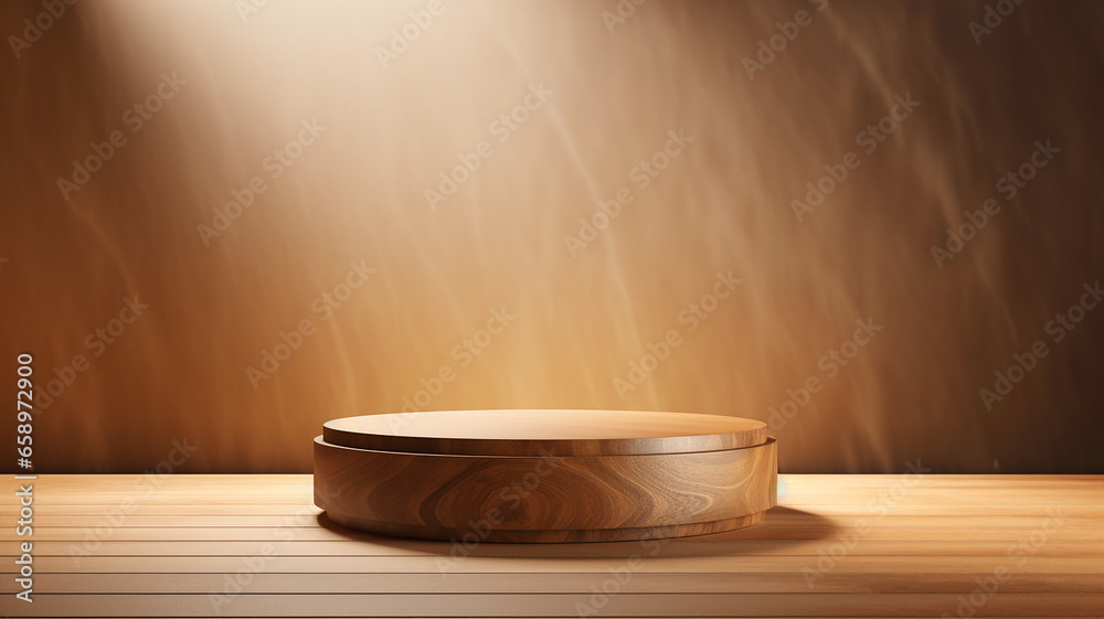 Round wooden podium with beautiful backlighting Round wooden podium with beautiful backlighting