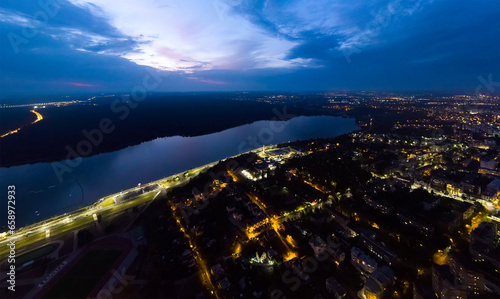 Kaluga, Russia. Yachensky reservoir. Night city. Aerial view