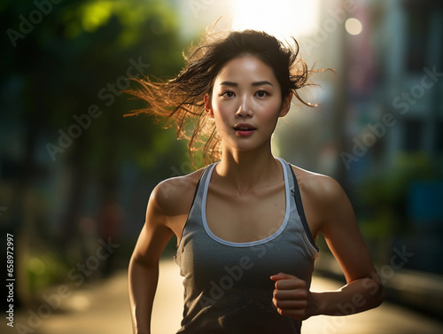 asian woman going for a run