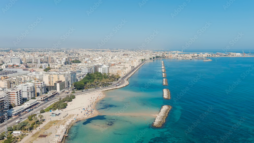 Bari, Italy. The central embankment of the city during the day. Lungomare di Bari. Summer. Bari - a port city on the Adriatic coast, Aerial View