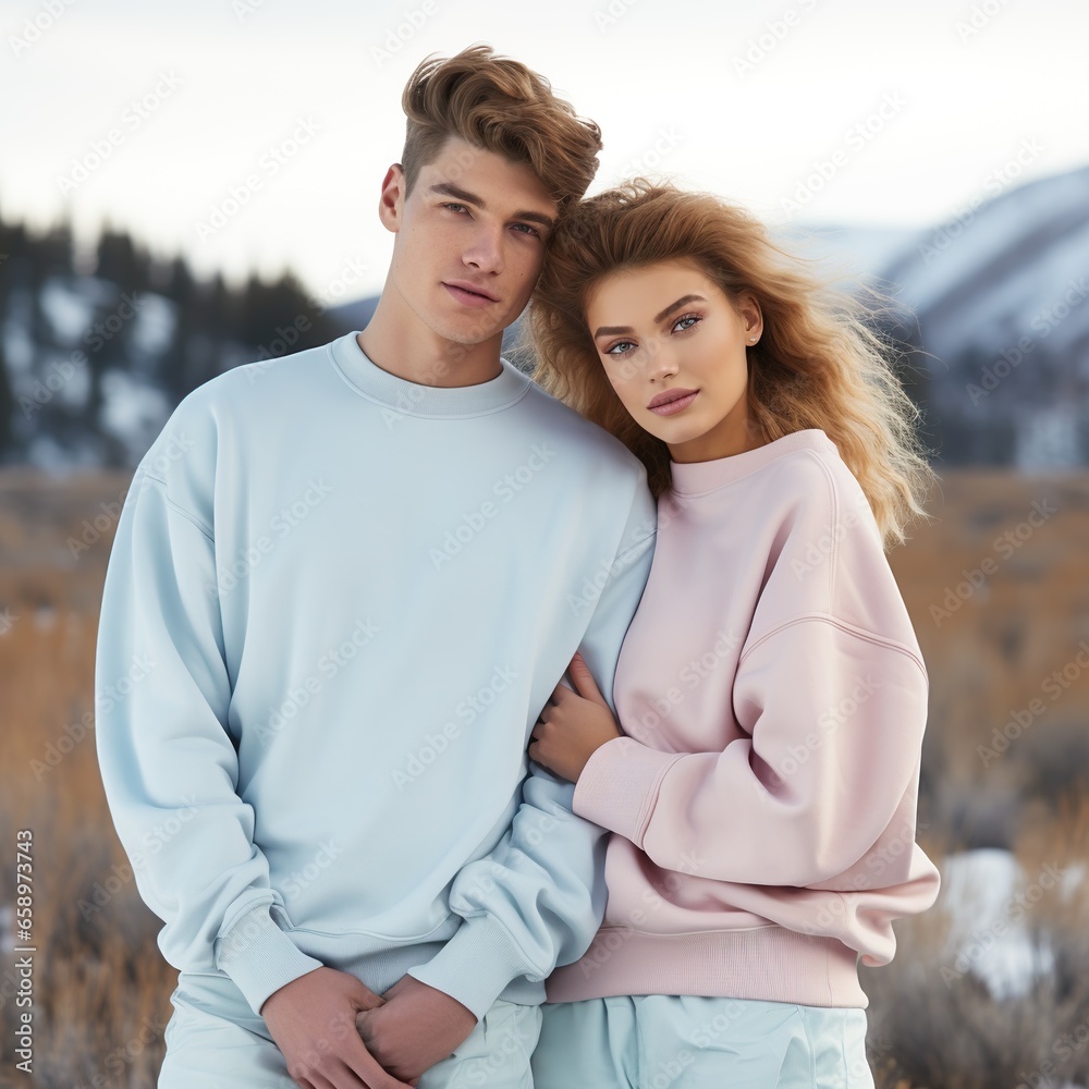 Illustration of a couple fashion portrait with plain sweater mockup, AI. generative Illustration of a couple fashion portrait with plain sweater mockup, AI. generative