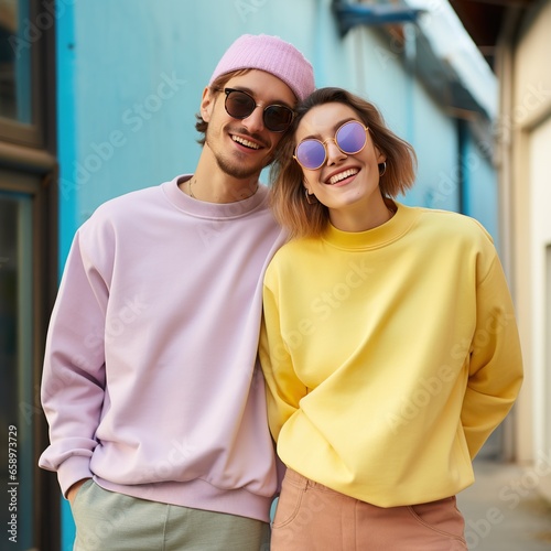Illustration of a couple fashion portrait with plain sweater mockup, AI. generative