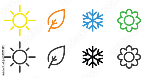 A set of colorful icons of seasons. The seasons - winter, spring, summer and autumn. Weather forecast sign. Season simple elements concept. 