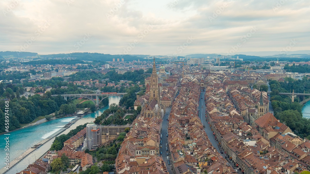 Bern, Switzerland. Bern Cathedral. Panorama of the city with a view of the historical center. Summer morning, Aerial View