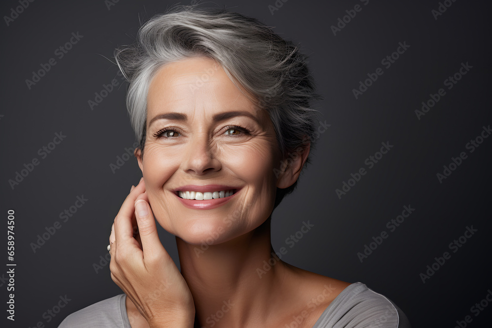 Portrait of beautiful senior woman with grey hair on grey background. ia generated Portrait of beautiful senior woman with grey hair on grey background. ia generated