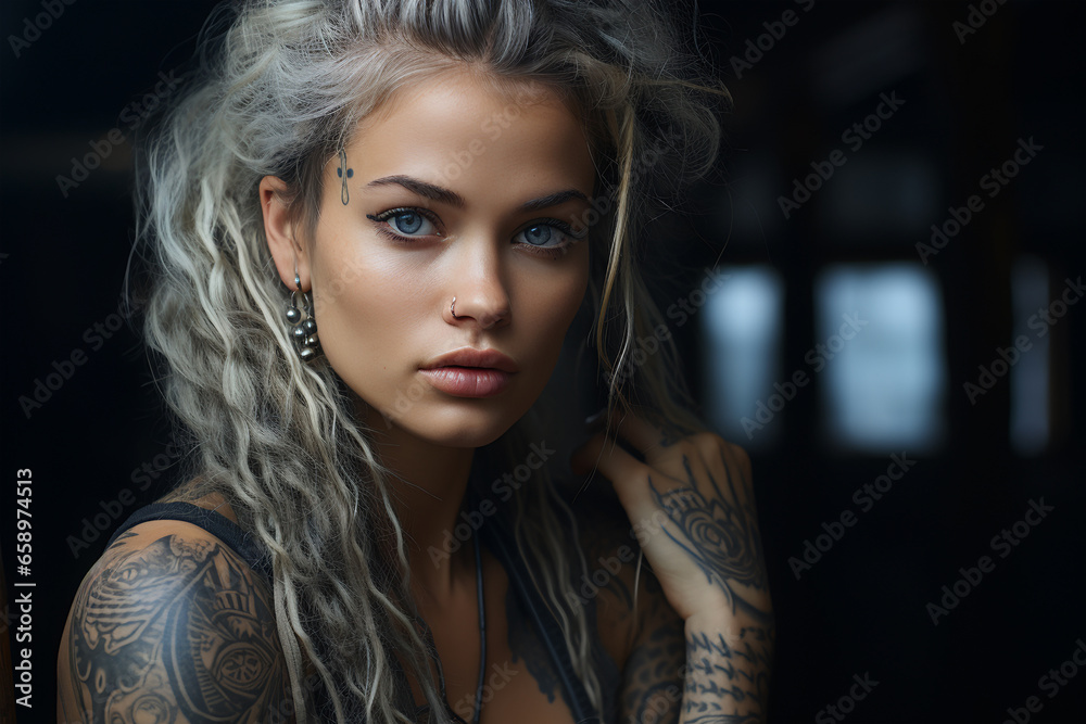 Portrait of beautiful young woman with tattoo on her arm. Beauty, fashion. ia generated Portrait of beautiful young woman with tattoo on her arm. Beauty, fashion. ia generated