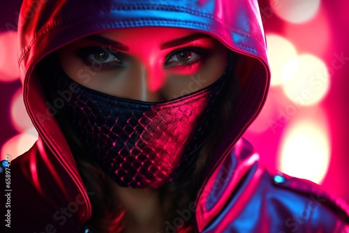 closeup portrait, beautiful female gangster wearing hood, mask and leather jacket in neon scene background