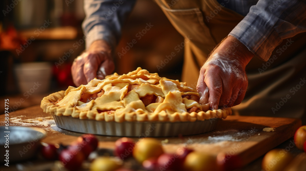 Close-up of the hands of an elderly man who is preparing a homemade pie. Close-up of the hands of an elderly man who is preparing a homemade pie.