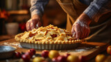 Close-up of the hands of an elderly man who is preparing a homemade pie.