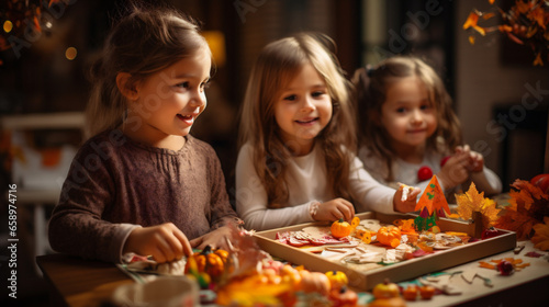 Happy children playing with autumn decoration at home. They are sitting at wooden table and smiling