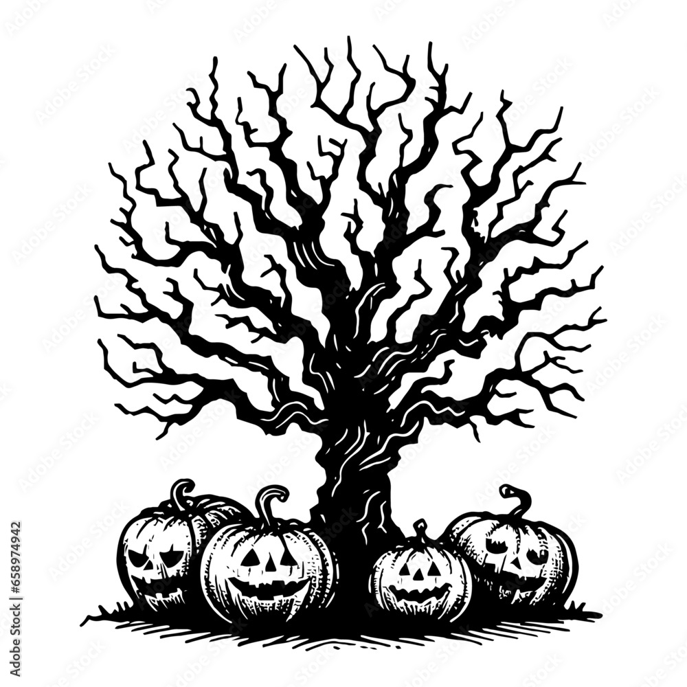 spooky tree and Halloween pumpkins sketch