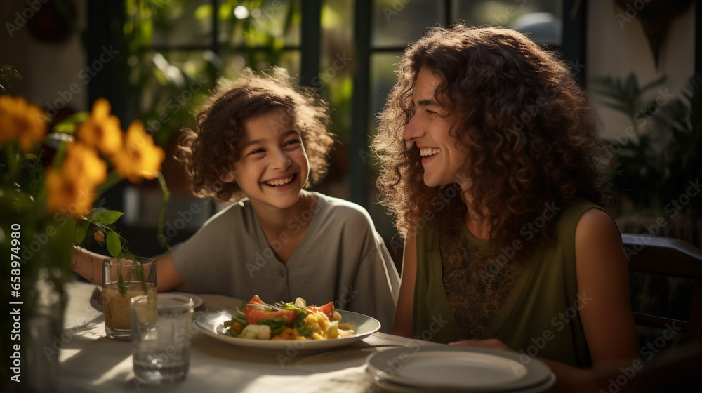 Mother and son having dinner in a restaurant. Mother and daughter smiling and looking at each other.