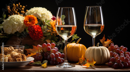 Festive table setting with pumpkins, candles, wine glasses and autumn decor