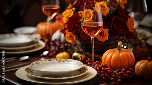 Festive table setting with pumpkins, candles, wine glasses and autumn decor
