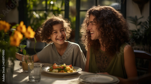 Mother and son having dinner in a restaurant. Mother and daughter smiling and looking at each other.