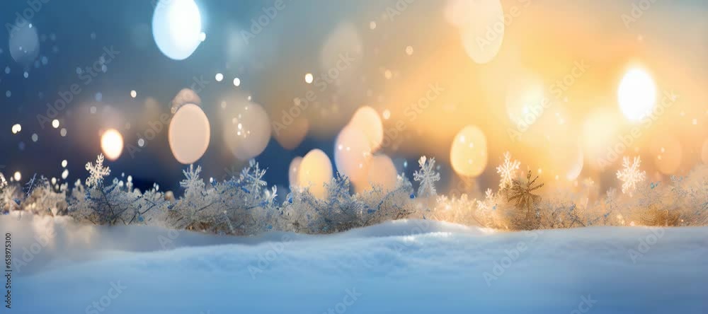 Snowflakes on snow against the background of golden lights in defocus. Abstract bokeh backdrop. New year and Christmas background footage. Generative AI Snowflakes on snow against the background of golden lights in defocus. Abstract bokeh backdrop. New year and Christmas background footage. Generative AI