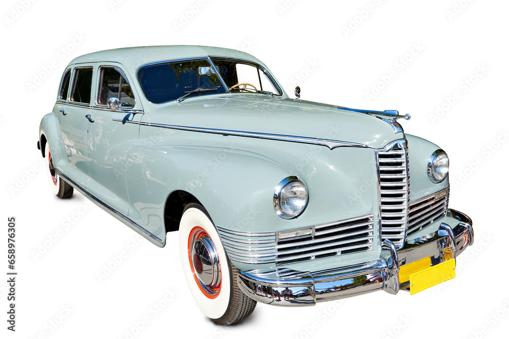 Vintage retro old gray blue car isolated white