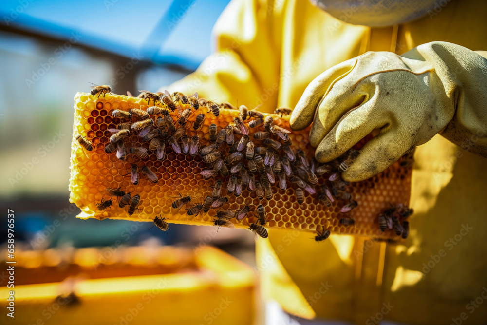 Fototapeta premium Generative Ai illustration of bee hive cared for by a beekeeper