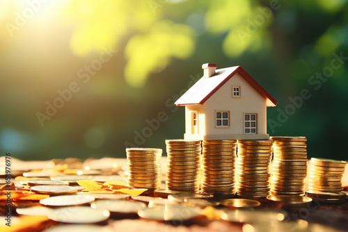 House model on a heap of money on the floor. Blurred background