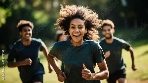 Gen Z friends participating in a friendly sports competition at a local park, showcasing their athletic skills, Gen Z friends, with copy space