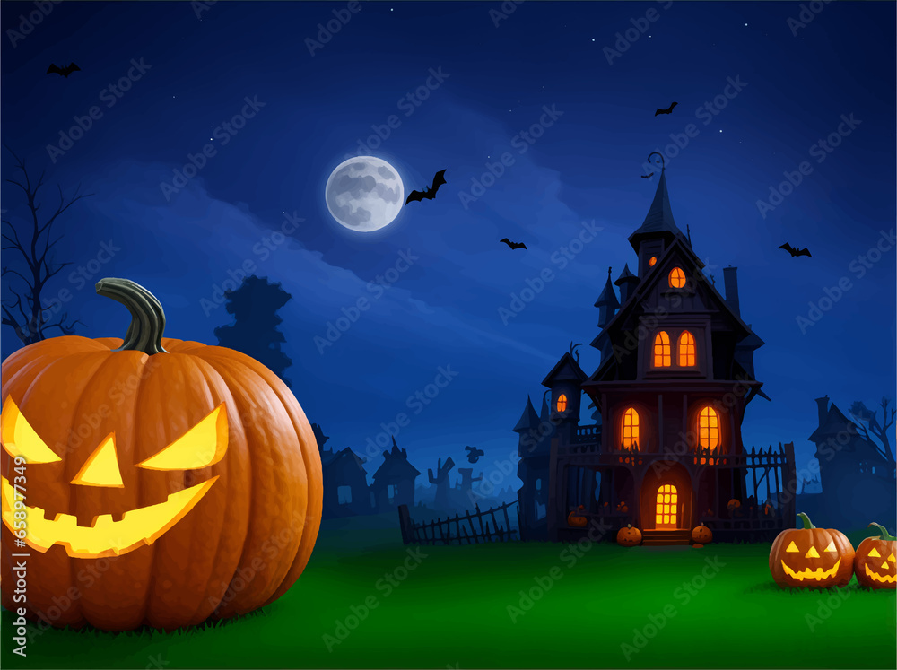 Halloween background with pumpkins and haunted house, Halloween background, Holiday event halloween banner background concept, pumpkins jack-o'-lantern