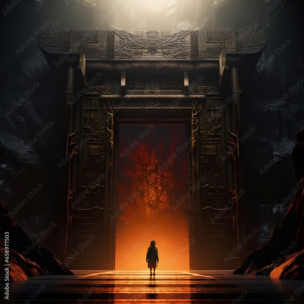 A terrifying hell space, in the middle of which stood a long vertical stone door engraved with ancient Sanskrit fonts in a classical Chinese style. Dark red light shone from the stone door. - obrazy, fototapety, plakaty 