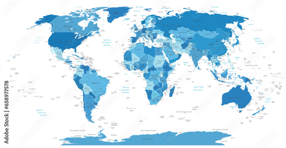 High Detail World map.All elements are separated in editable layers clearly labeled. Vector Blue
