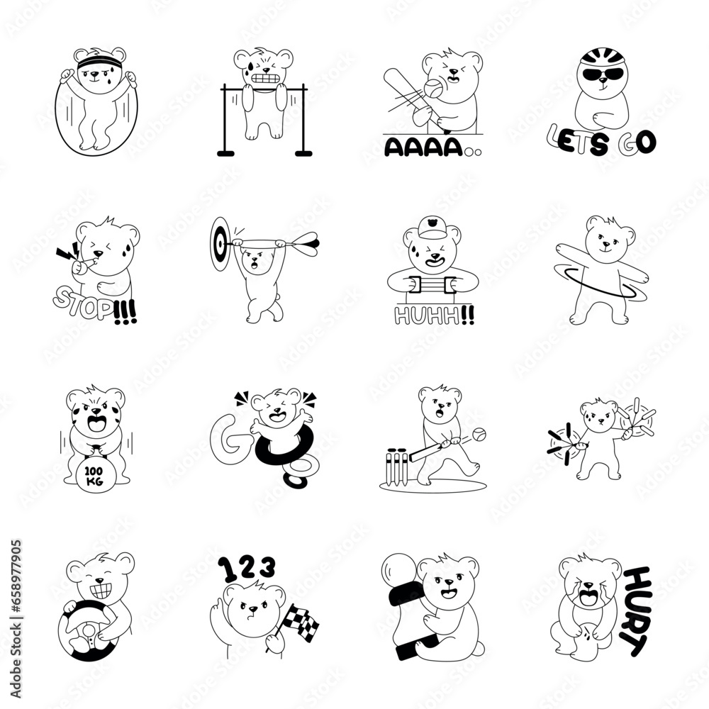 Pack of Athletic Bear Cute Glyph Stickers 

