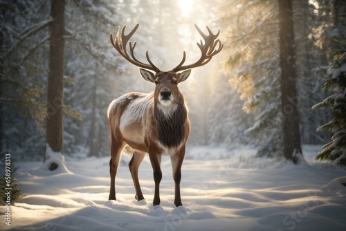 Majestic Christmas Reindeer in Snowy Forest - Photorealistic Winter Wildlife Scene