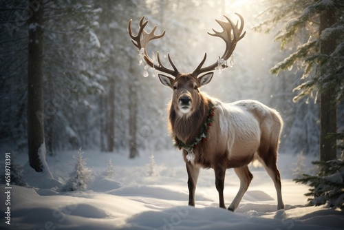 Majestic Christmas Reindeer in Snowy Forest - Photorealistic Winter Wildlife Scene © ranuka
